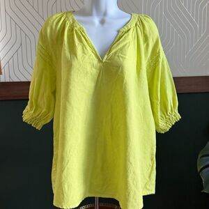 Nine West Linen Blend Bright Yellow Green Top Med